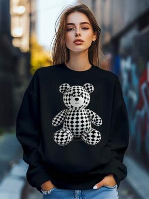 Bon&Bon Women's Teddy Bear Geometric Print Loose Crew Neck Sweatshirt Black