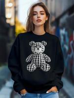Bon&Bon Women's Teddy Bear Geometric Print Loose Crew Neck Sweatshirt Black