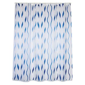 MSV Douchegordijn met ringen - wit/blauw - golven print - Polyester - 180 x 200 cm - wasbaar   -