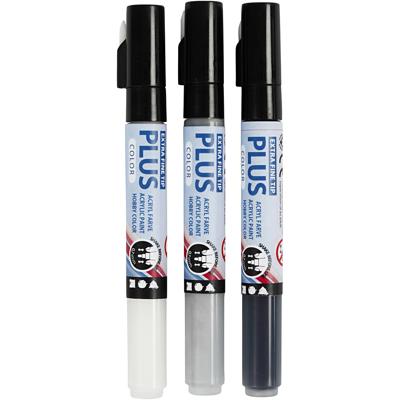 Creativ Company Plus color marker, l: 14,5 cm, lijndikte 0,7 mm, zwart, off-white, rain grey, 5,5 ml, 3 stuk/ 1 doos