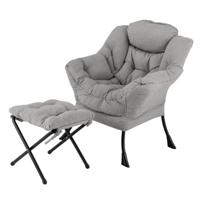 Fauteuil met Kruk Relaxstoel met Armleuningen Zijzak en Voetensteun Loungestoel Televisiestoel Gevoerde Oorfauteuil -Grijs