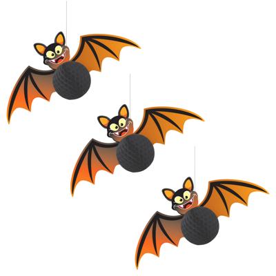 Hangdecoratie Vleermuis - 3x - 30 cm - zwart/oranje - papier - halloween - feest Hangdecoratie Vleermuis - 3x - 30 cm - zwart/oranje - papier - halloween - feest
