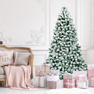 225 cm Oplichtende Besneeuwde Kerstboom met Opvouwbare Metalen Standaard Groen + Wit