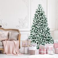 225 cm Oplichtende Besneeuwde Kerstboom met Opvouwbare Metalen Standaard Groen + Wit