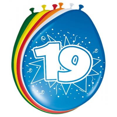 Verjaardagfeest leeftijd ballonnen - 19 jaar - 8x stuks - multi - 30 cm