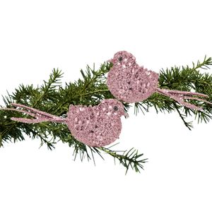 2x stuks decoratie vogels op clip glitter roze 12 cm