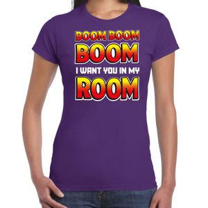 Foute party t-shirt voor dames - Boom boom boom i want you in my room - paars - carnaval/themafeest