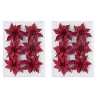 12x stuks decoratie bloemen rozen rood glitter op ijzerdraad 8 cm - Kersthangers