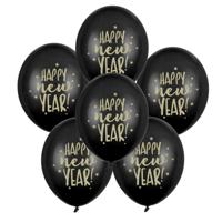 Happy New Year ballonnen - zwart/goud - 6x stuks - sterren - nieuwjaar thema