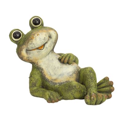 Tuinbeeld kikker liggend - kunststeen - 39 x 29 cm - groen - Lachende kikker