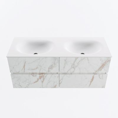 MONDIAZ VICA 120cm badmeubel onderkast Carrara 4 lades. Wastafel MOON dubbel zonder kraangat, kleur Talc.