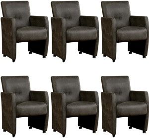 Set van 6 Donkergrijze leren moderne eetkamerfauteuils Pleasure - Kenia Leer Antracite (donkergrijs leer)