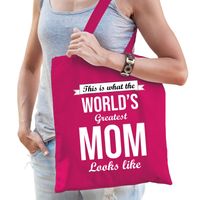 Worlds greatest MOM kado tasje voor moeders verjaardag roze voor dames - Feest Boodschappentassen - thumbnail