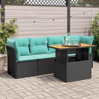 5-delige Loungeset met kussens poly rattan zwart