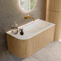 Mondiaz KURVE-DLUX 95 cm Onderkast Greeploos 1 Lade Met Deuren Oak, Wastafel Solid Surface Rechts Opalo 0 Kraangaten Zonder Spiegel (KRVBGS95L1L1D0KR-Oak/Opa)