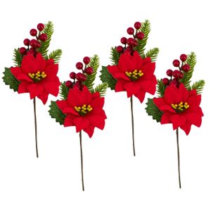 4x stuks kerststukje stekertjes met hulst/bessen/dennentak/kerstster groen/rood 26 cm