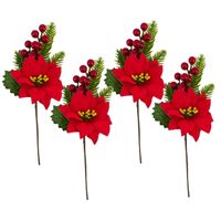 4x stuks kerststukje stekertjes met hulst/bessen/dennentak/kerstster groen/rood 26 cm