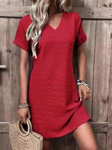 Plain Loose Casual V Neck Dress With No