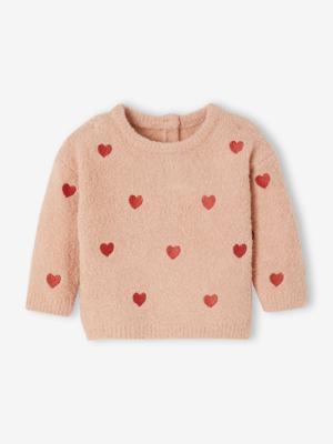 Geborduurde baby trui met kleine hartjes roze (poederkleur)
