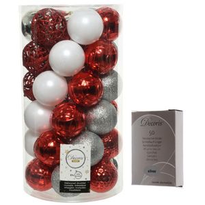 Kerstversiering mix pakket kunststof kerstballen 6 cm zilver/rood/wit 37x stuks met haakjes