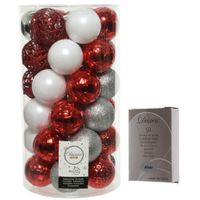 Kerstversiering mix pakket kunststof kerstballen 6 cm zilver/rood/wit 37x stuks met haakjes