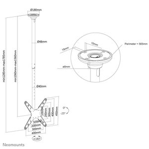 Neomounts FPMA-C340BLACK TV-plafondbeugel In hoogte verstelbaar 81,3 cm (32) - 190,5 cm (75) Zwenkbaar, Roteerbaar, Kantelbaar