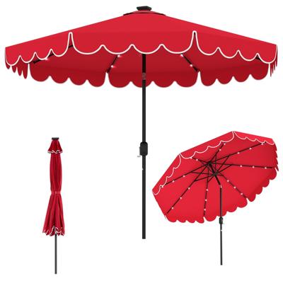 300 cm Parasol met LED-verlichting Tuinparasol met Slinger en Volant aan Beide Zijden 35° Kantelbaar-Wijnrood