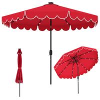 300 cm Parasol met LED-verlichting Tuinparasol met Slinger en Volant aan Beide Zijden 35° Kantelbaar-Wijnrood
