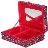 Sieradenkistje met glitters - 8 x 10 x 4 cm - Fuchsia - Juwelenkistje met spiegel - 3-vaks - meisjes   -