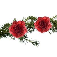 2x stuks kerstversiering glitter bloemen/rozen met clip rood 14 cm