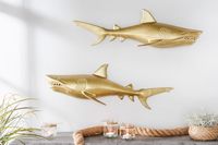 Maritieme set van 2 wanddecoratie HAIE 68cm goud metalen handgemaakte haai design sculptuur - 42984 - thumbnail