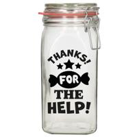 Cadeau voorraadpot/snoeppot - thanks for help - glas - 12 x 7 cm - 1,5 liter Cadeau voorraadpot/snoeppot - thanks for help - glas - 12 x 7 cm - 1,5 liter