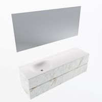 MONDIAZ VICA 160cm badmeubel onderkast Carrara 4 lades. Wastafel Moon links zonder kraangat, kleur Talc met spiegel LED.