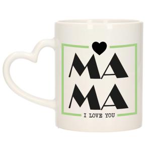 Cadeau koffie/thee mok voor mama - wit/groen - ik hou van jou - hartjes oor - Moederdag