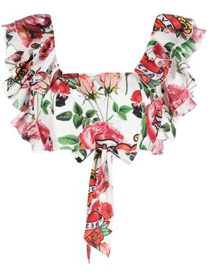 Philipp Plein blouse crop à fleurs - Blanc