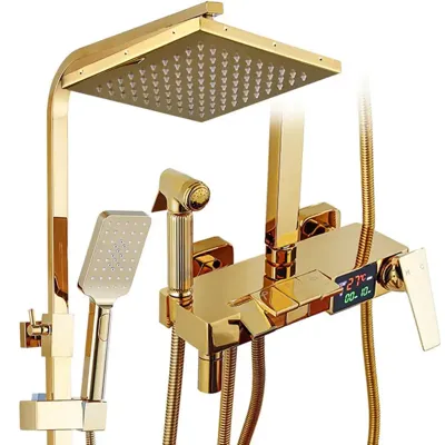 Thermostatische Doucheset - Geborsteld Goud | Messing & ABS | Verstelbare Hoogte | 20 Inch Vierkante Douchekop