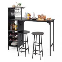Bartafel met 2 Krukken Pubtafel en Kruk met Wijnrek voor 6 Flessen Eettafel en Stoelen Bistrotafel voor Woonkamer/Keuken Zwart