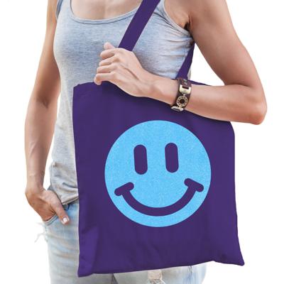 Cadeau tas voor dames - glitter Smile Emoticon - paars - katoen - 42 x 38 cm - Moederdag - verjaarda