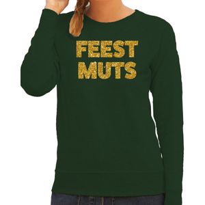 Foute kersttrui/sweater voor dames - feest muts - groen - glitter goud - feestkleding