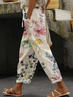 Cotton And Linen Casual Floral Pants