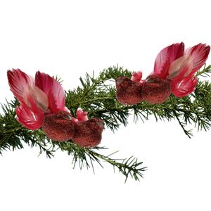 4x stuks decoratie vogels op clip glitter rood 11 cm