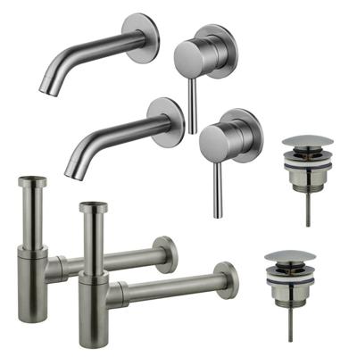Fortifura Calvi Wastafelkraanset - voor dubbele wastafel - inbouw wastafelkraan - klikwaste plug - design sifon - Geborsteld RVS PVD (RVS) 2x SW377860/2x SW696201/2x SW696212