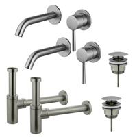 Fortifura Calvi Wastafelkraanset - voor dubbele wastafel - inbouw wastafelkraan - klikwaste plug - design sifon - Geborsteld RVS PVD (RVS) 2x SW377860/2x SW696201/2x SW696212