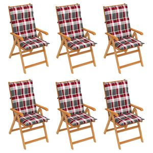 vidaXL Tuinstoelen 6 st met rood geruite kussens massief teakhout
