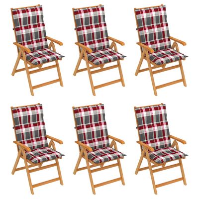 vidaXL Tuinstoelen 6 st met rood geruite kussens massief teakhout
