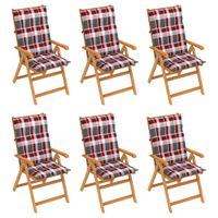vidaXL Tuinstoelen 6 st met rood geruite kussens massief teakhout - thumbnail