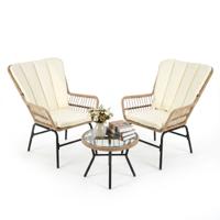 3-Delige Bistroset PE-Rotan Tuinmeubelset met Kussens Zitgroep met 2 Stoelen en Temperatuurgehard Glazen Tafel