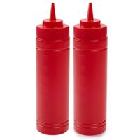 Doseerfles/sausfles - 2x stuks - kunststof - rood - met schenktuit - 500 ml - 23 cm