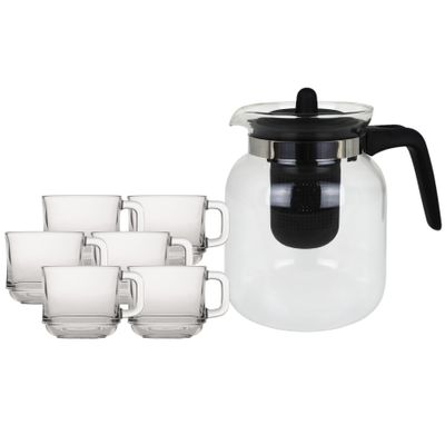 Glazen theepot met filter/infuser van 1,5 liter met 6x stuks theeglazen van 220 ml