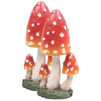 Decoratie huis/tuin beeldje paddenstoelen - 2x - hoge hoed - vliegenzwammen - rood/wit - 10 cm - thumbnail